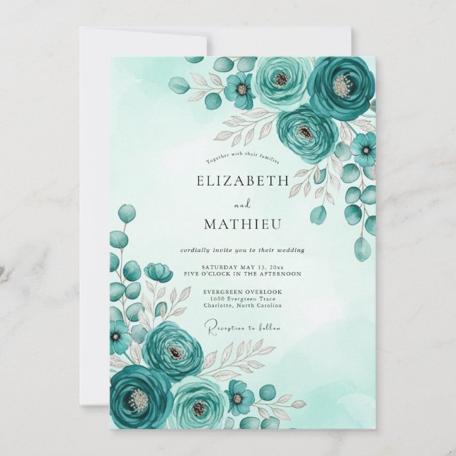 Teal Stately Botanical Wedding Inbjudningar (Framsida)