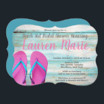 Teal Strandstuga Flip Flops Bröllopsfest Inbjudningar<br><div class="desc">Rolig inbjudan till beach hut bröllopsfest i Key West-stil. Denna inbjudan har allt teal trä med ljusa rosa flip flops med vacker text och färgrik bakgrund.</div>