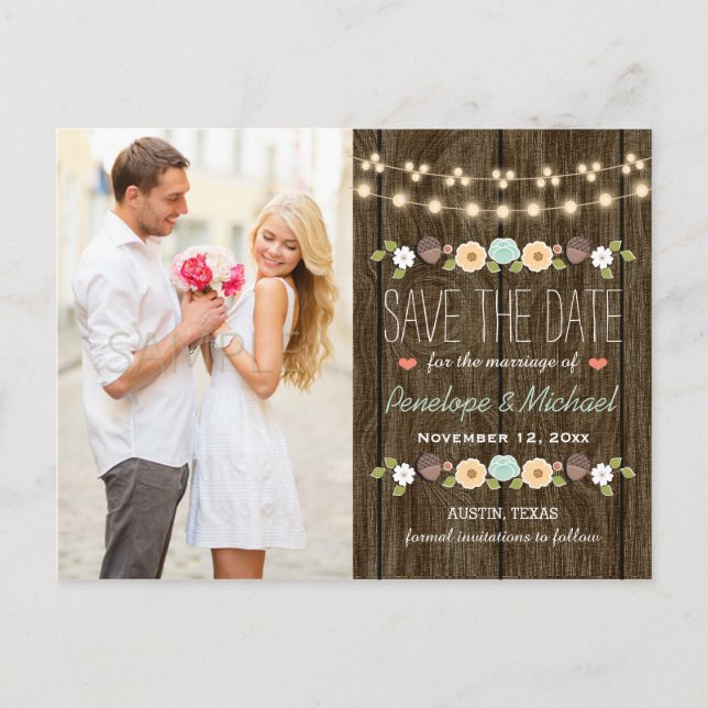 Teal String of Ljus Fall Rustic Save the Date Meddelande Vykort (Framsida)