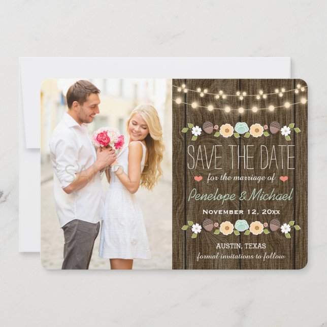 Teal String of Ljus Fall Rustic Save the Date Spara Datumet (Framsida)