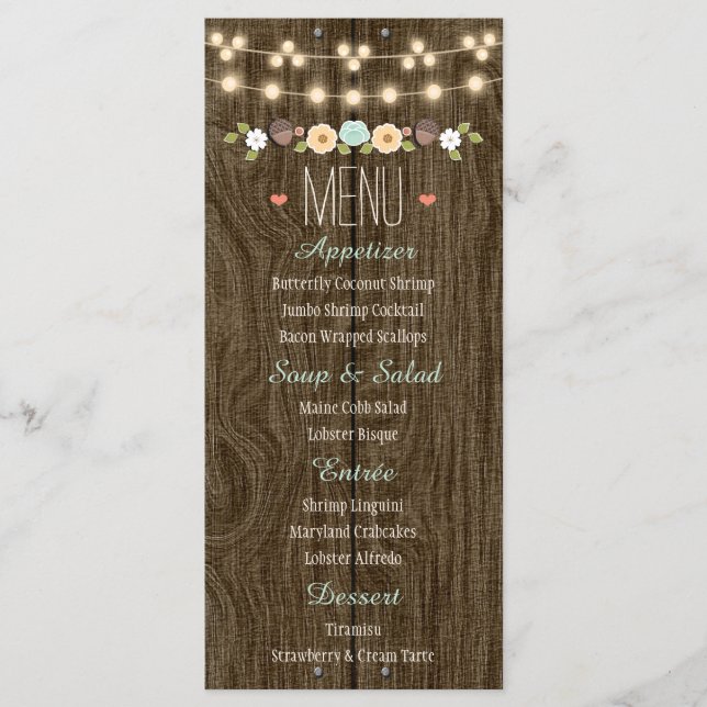 Teal String of Ljus Rustic Fall Wedding Menu Meny (Framsida)
