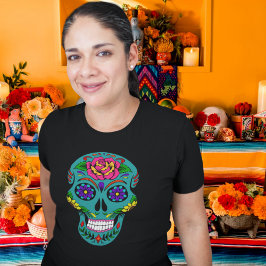 Teal Sugar Skull Dia de los Muertos Tee Shirt