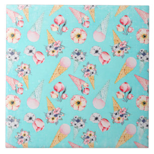 Teal Summer Roligt Flower Ice Cream Cone - Mönster Kakelplatta