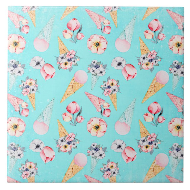 Teal Summer Roligt Flower Ice Cream Cone - Mönster Kakelplatta (Framsidan)