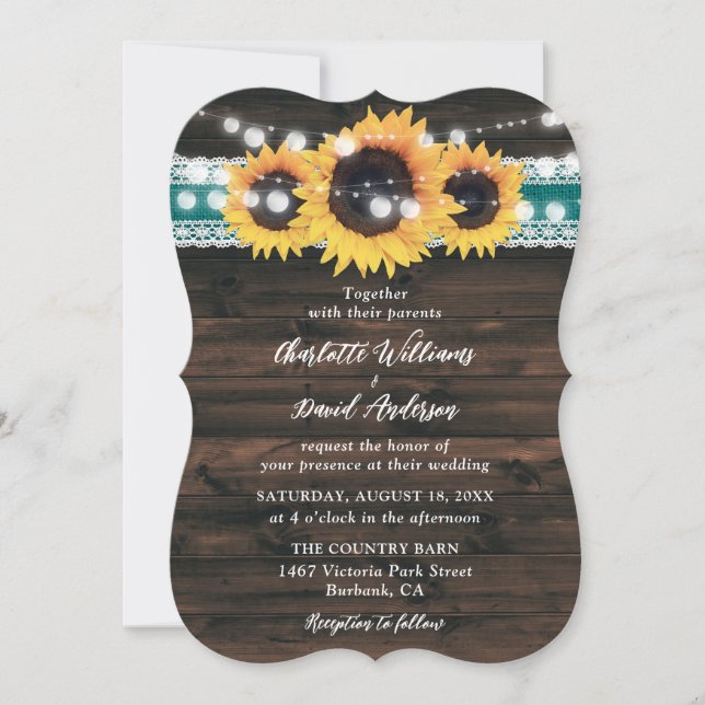 Teal Sunflower Rustic Wood String Lights Wedding Inbjudningar (Framsida)