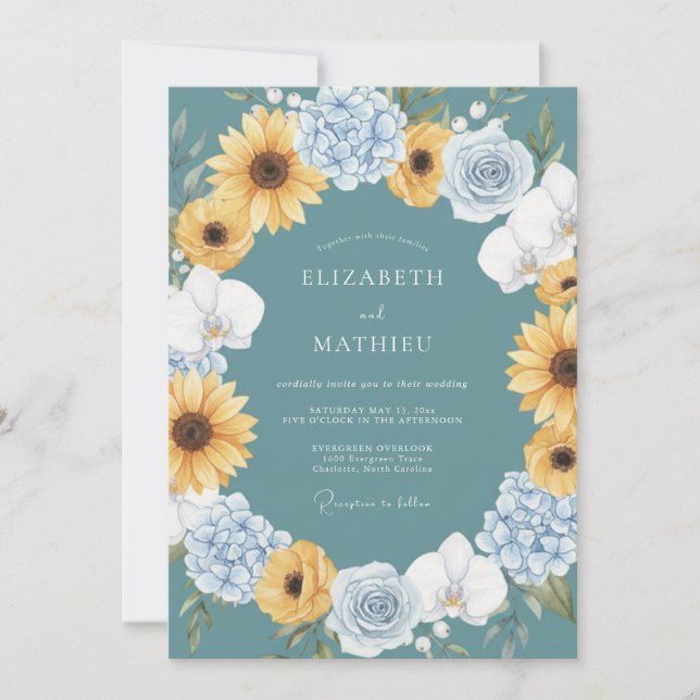 Teal Sunny Sunflower Wedding Inbjudningar (Framsida)