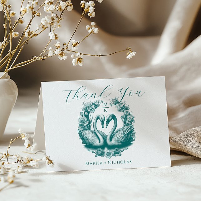 Teal Svan Sjö Bröllop tackkort | Romantisk (Elegant Teal Thank You Card)