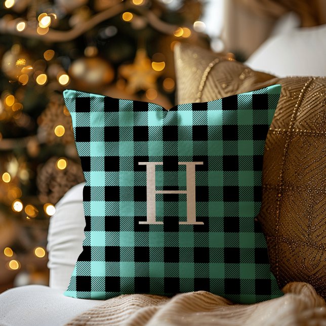 Teal svart buffelplaid monogramm jul kudde (Skapare uppladdad)