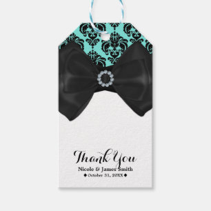 Teal & Svart Damask Bling Båge Glam Söt 16 Fests Presentetikett