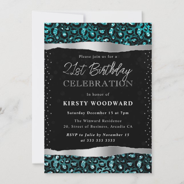 Teal & Svart Glitter Leopard Fläckar 21-årsdag Inbjudningar (Framsida)
