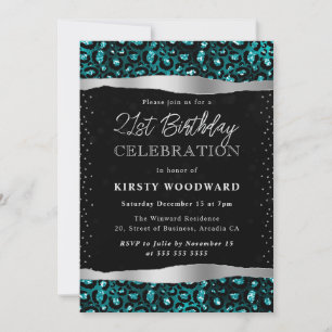 Teal & Svart Glitter Leopard Fläckar 21-årsdag Inbjudningar