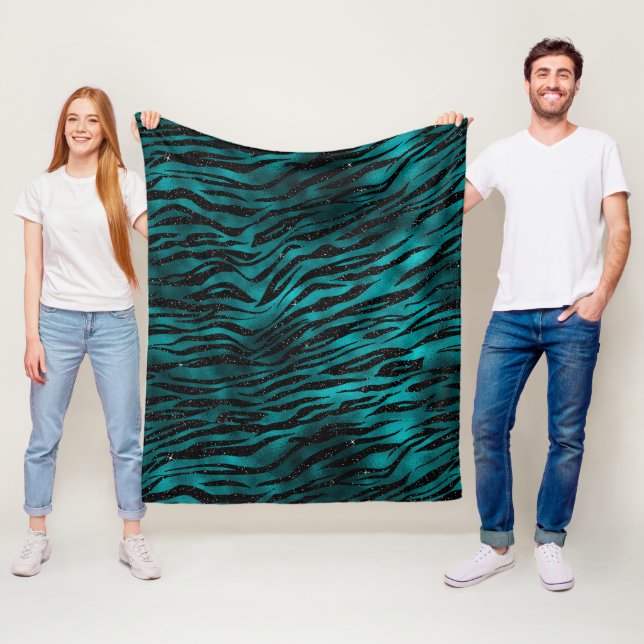Teal & Svart Ombre Glam Glitter Tiger Ränder Fleecefilt (På plats)