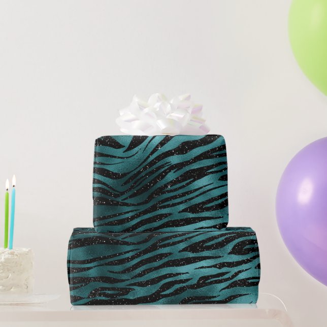Teal & Svart Ombre Glam Glitter Tiger Ränder Presentpapper (Festgåvor)
