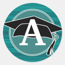 Teal Svart Vit Examen Hatt Monogram Initial Runt Klistermärke