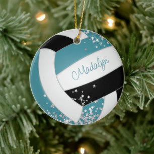 Teal svart volleyball w silver stjärnornas sport julgransprydnad keramik