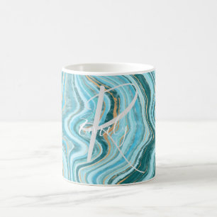 Teal Tan Agate Marble Abstrakt Namn Monogram Kaffemugg