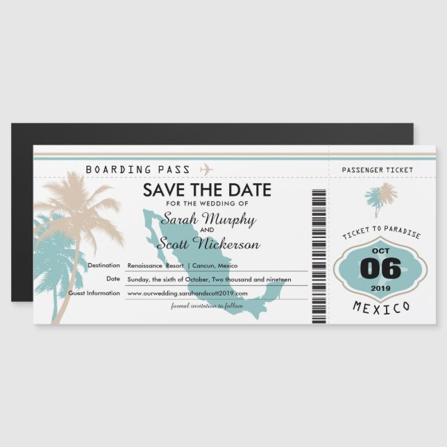 Teal Tan Save Date Boarding Pass till Mexiko Magnetisk Inbjudningskort (Fram/baksida)