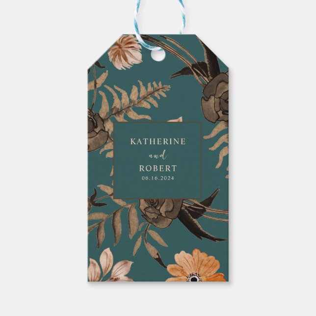 Teal terracotta faller bröllopsförmån presentetikett (Framsidan)