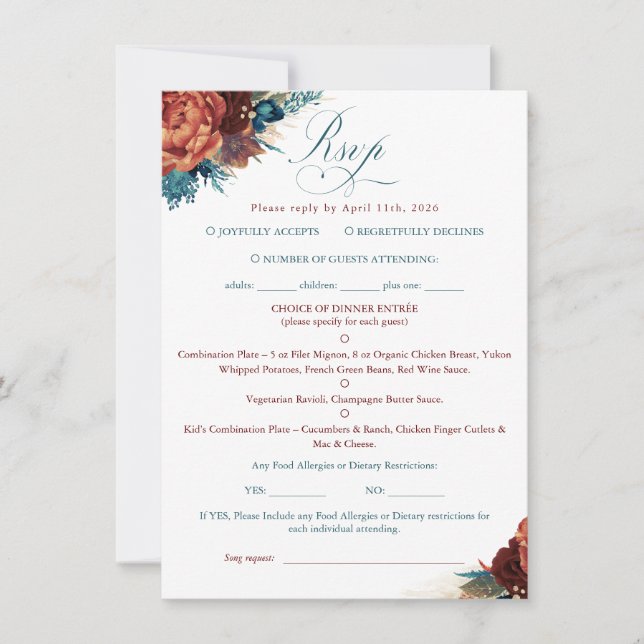 Teal Terracotta Floral Boho Wedding RSVP Card (Framsida)