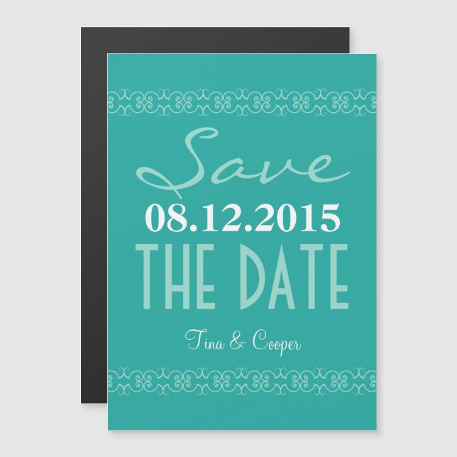 Teal Text Save the Date Magnetic Bröllopsinbjudans Magnetisk Inbjudningskort (Fram/baksida)