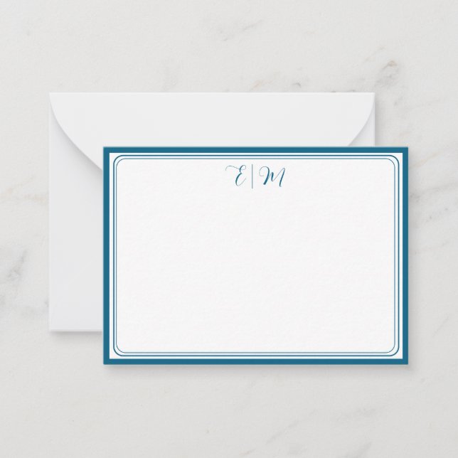 Teal three Border Monogram Note Card Anteckningskort (Framsida)