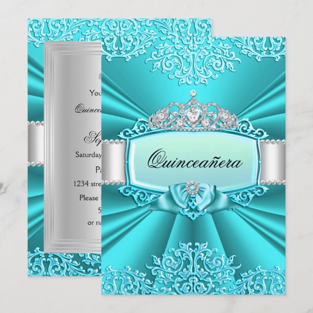 Teal Tiara Damask Quinceanera Party Inbjudningar (Fram/baksida)