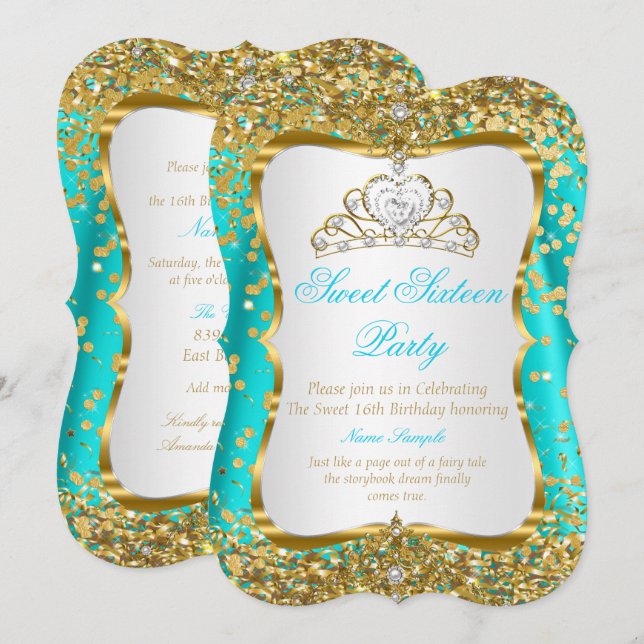 Teal Tiara Princess Sweet 16 Guld White Inbjudan (Fram/baksida)