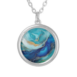 Teal Tides: Oceanic Abstractions Silverpläterat Halsband