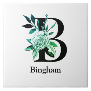 Teal Tint Blommigt Monogram Brev B Kakelplatta