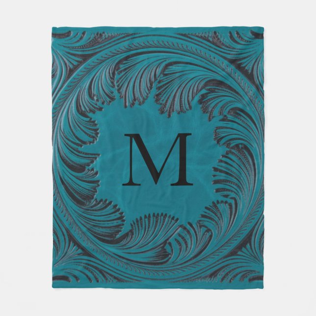 Teal Tooled Faux Leather Western Blommigt Decor Fleecefilt (Framsidan)