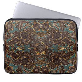Teal Tooled Leather Laptop sleeve