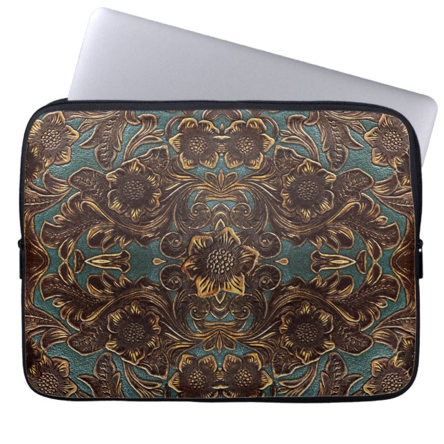 Teal Tooled Leather Laptop sleeve (Framsidan)