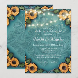 Teal Tooled Leather Solros Bröllop Firande Inbjudningar