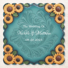 Teal Tooled Leather Solros Gräns Bröllop Underlägg Papper