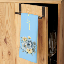 Teal Top med Cream Rand Blommigt Kökshandduk