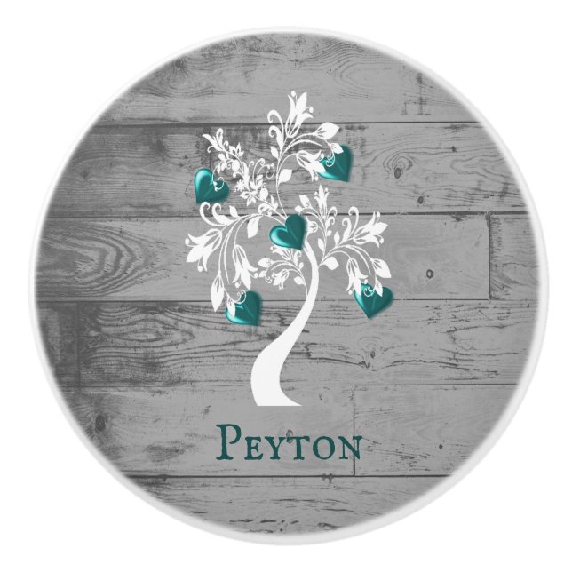 Teal Träd i Hearts Personlig Ceramic Knob Knopp (Framsidan)