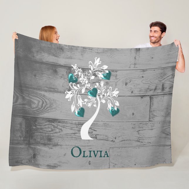 Teal Träd i Hearts Personlig Fleece Blanket (På plats)