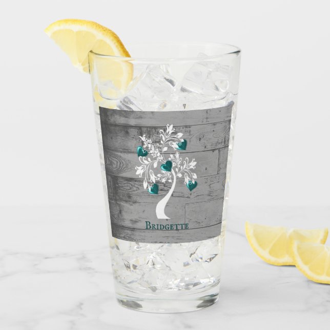 Teal Träd i Hearts Personlig Glass Kopp (Framsida Ice)