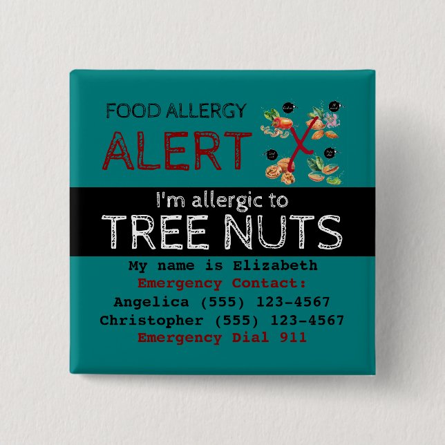 Teal Träd Nöt Food Allergy Alert Label Knapp (Framsida)