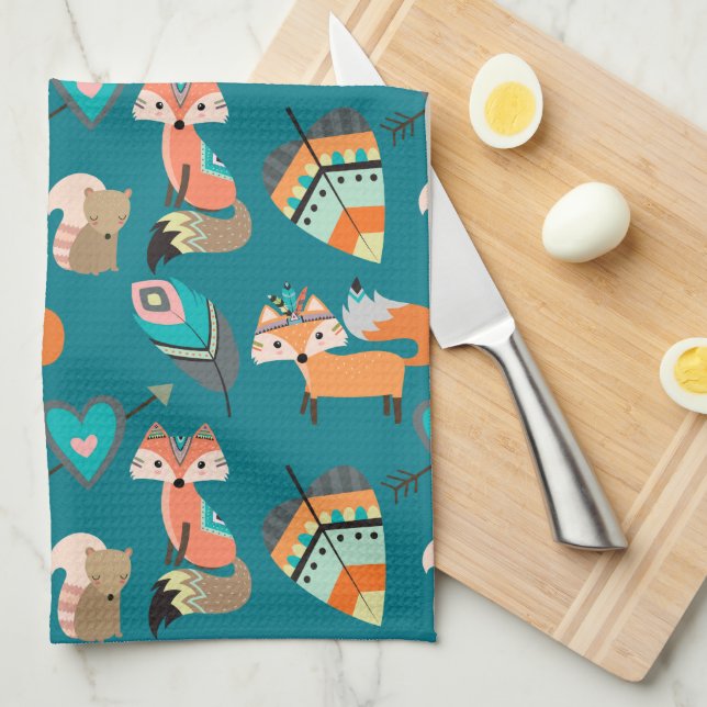 Teal Tribal Fox Mönster Kitchen Kökshandduk (Vikt i Fjärdedel)