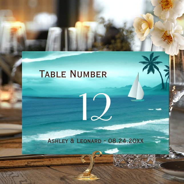 Teal Tropical Beach Wedding-Bordsnummer Card Bordsnummer (Wedding table number card with a painting of a tropical ocean with a sailboat in teal turquoise blue)