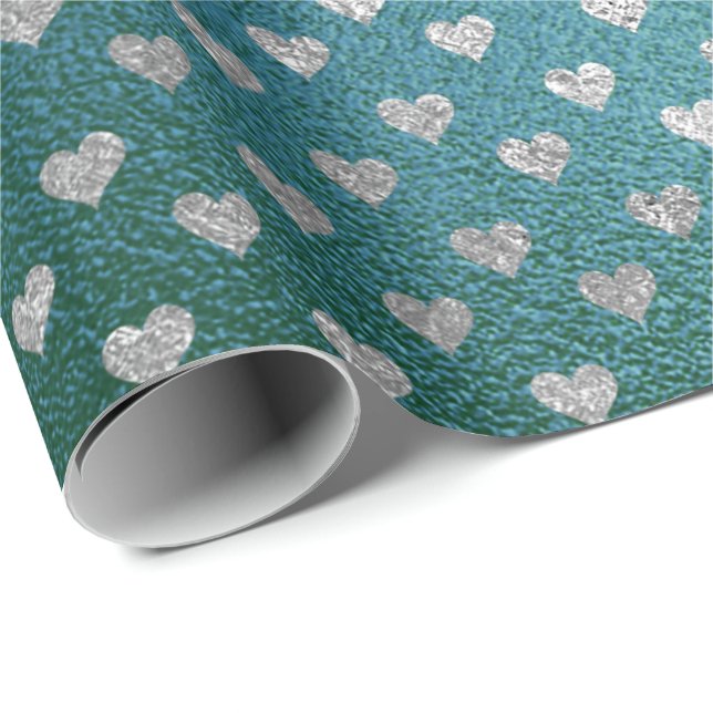Teal Tropical Grönt Glass Silver Hearts Grått Presentpapper (Rullad Hörn)