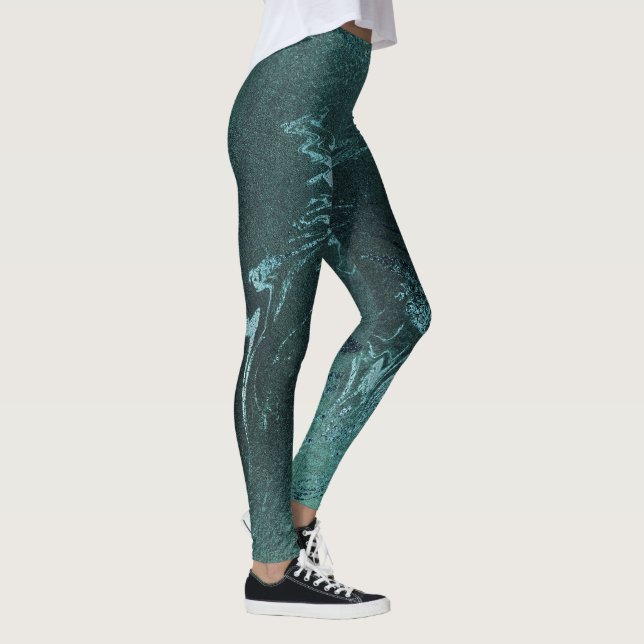 Teal Tropical Grönt Metallic Abstrakt Marble Leggings (Höger)