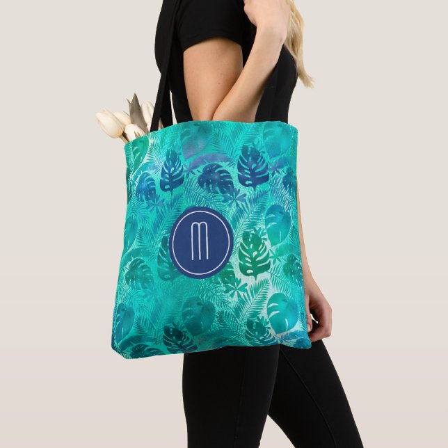 Teal Tropical Handflatan Löv Mönster Monogram Tygkasse (Närbild)