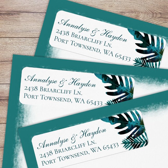 Teal Tropical Löv Bröllop Returadress Etikett (tropical teal green, turquoise island palm leaves, fern leaf, monstera return address labels)