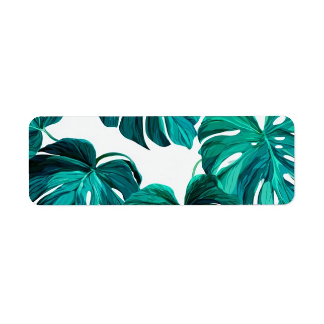 Teal Tropical Monstera Leaf Seamless Pattern Art Returadress Etikett (Framsidan)