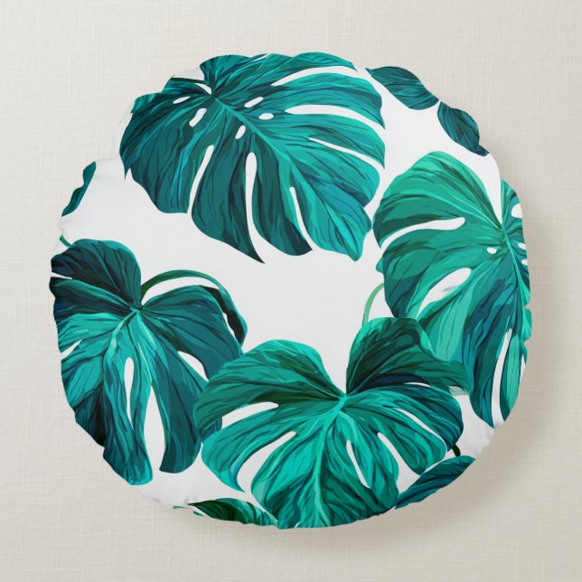 Teal Tropical Monstera Leaf Seamless Pattern Art Rund Kudde (Framsidan)