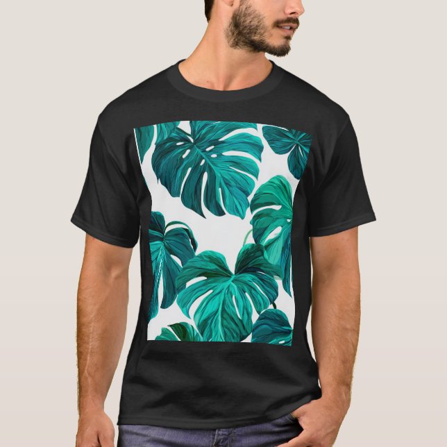 Teal Tropical Monstera Leaf Seamless Pattern Art T Shirt (Framsida)