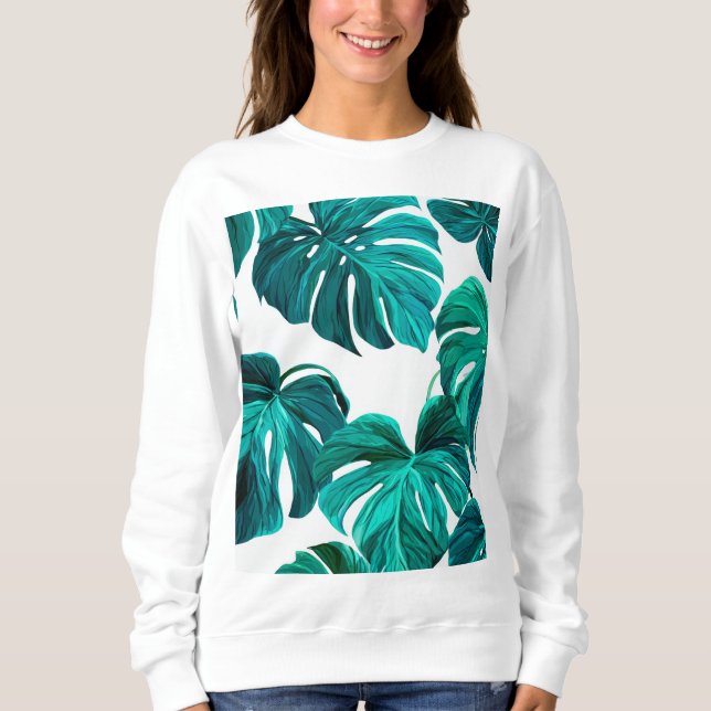 Teal Tropical Monstera Leaf Seamless Pattern Art T Shirt (Framsida)