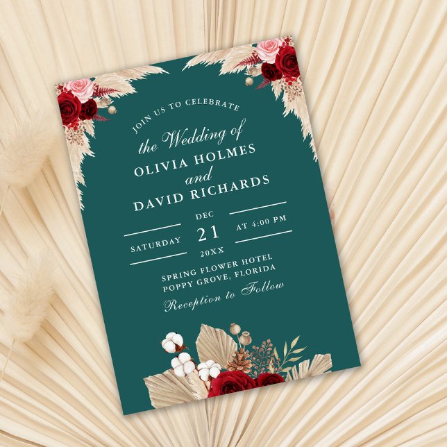 Teal Tropical Ro bröllopsinbjudan Inbjudningar (Teal and burgundy wedding invitation on dry palm leaf.)